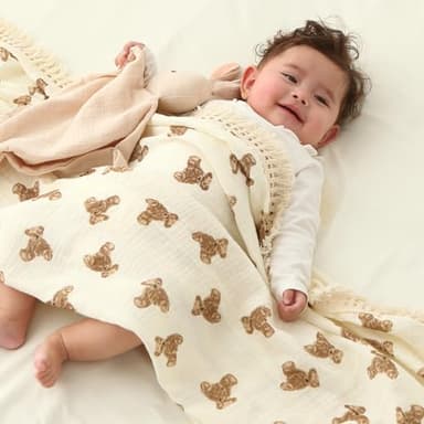 insular Cotton Muslin Baby Blanket with Tassel, Boho Bohemian Muslin Swaddle Blanket Baby Receiving Blanket with Fringe, Nursery Decor Throw or Nursing Blankets, 47" x40”, Little Bear - Image 2