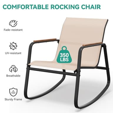 YITAHOME 3 Piece Rocking Bistro Set, Outdoor Patio Furniture Set with Wooden Armrests, Porch Chairs Set with Glass Table for Lawn, Garden, Balcony, Poolside, Beige - Image 7