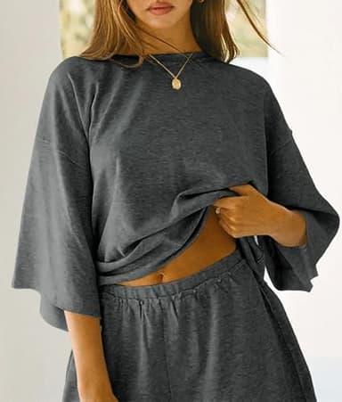 Tankaneo Womens Pajama Sets 3/4 Sleeve Oversized Tops and Elastic Waist Shorts Lounge Sets Loungewear Dark Grey - Image 4