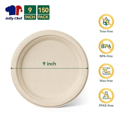 JOLLY CHEF 100% Compostable Paper Plates, 150 Pack 9 Inch Heavy Duty Plates, Disposable Biodegradable Eco-Friendly Sugarcane, Bulk Nature - Image 5