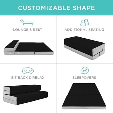 Best Choice Products 4in Portable Queen-Size Mattress, Tri-Fold Mattress for Camping, Guest, Toddler, Foam Plush w/Carry Case - Onyx Black - Image 4