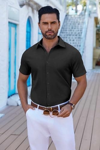 COOFANDY Mens Short Sleeve Casual Button Down Shirts Summer Lightweight Shirt Business Casual Dress Shirt Black - Image 3