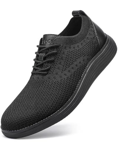 VILOCY Men's Casual Dress Sneakers Oxfords Business Shoes Lace Up Lightweight Comfortable Breathable Walking Knit Mesh Fashion Sneakers Tennis All Black,EU44 - Image 1