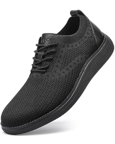 VILOCY Men's Casual Dress Sneakers Oxfords Business Shoes Lace Up Lightweight Comfortable Breathable Walking Knit Mesh Fashion Sneakers Tennis All Black,EU44 - Image 1