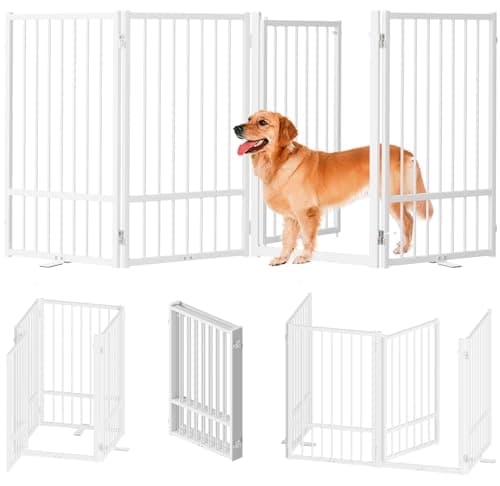 SNUOWU Full Metal Freestanding Dog Gate with Door, 32''Height Foldable Pet Dog Fence for Indoor & Outdoor, 4 Panels Extra Wide Free Standing TallDog Gates for Doorways,House,Stairs,Porch,Deck,Yard - Image 1