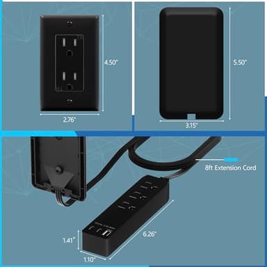 LIDER Outlet Extender with 3 Receptacles, 21W USB Type-A, and 2 USB Type-C, Ultra-Thin Wall Plate Plug with Cord Extender, 3-Outlet Power Strip, Flat-Face, Slim Design, ETL-Listed, 3ft Cord, Black - Image 3