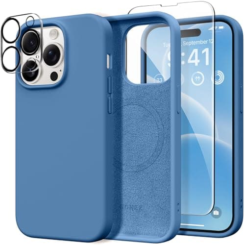GONEZ for iPhone 14 Pro Case, Compatible with Magsafe, with Screen Protector + Camera Lens Protector, Soft Anti-Scratch Microfiber Lining, Shockproof Liquid Silicone Phone Cover, Lake Blue - Image 1