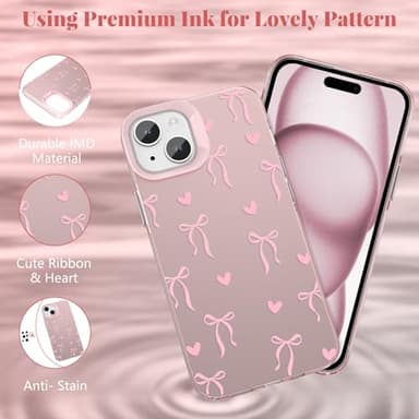 ZTOFERA for iPhone 13/14 Case,Cute Pink Ribbon Bow Tie Planet Star Floral Aesthetic Phone Case,Trendy Slim Hard IMD Shockproof Protective Bumper Phone Cover for Women Girls,Heart - Image 3