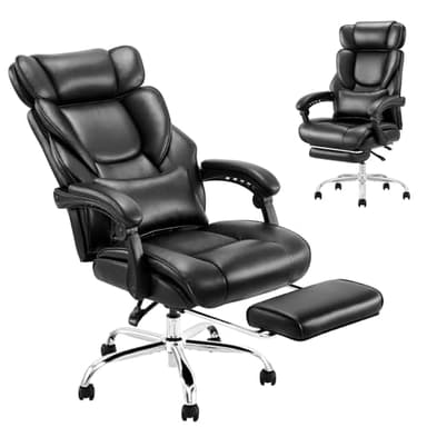 COLAMY Office Chair with Retractable Footrest, Ergonomic High Back Design Executive Computer Desk Chair with Removable Lumbar Pillow, 90-135°Reclining, Thick Bonded Leather for Home Office Work, Black - Image 1