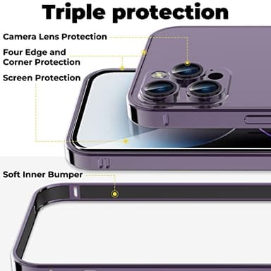 sorlnern for iPhone 14 Pro Case with Aluminum Metal Bumper Frame Slim Hard Cover and Soft Inner Bumper, Tempered Glass Screen Protector and Camera Lens Protector (Purple) - Image 4