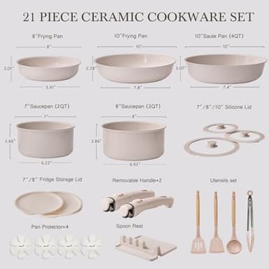 USELUCK Pots and Pans Set Healthy Non toxic Non Stick Ceramic Cookware Set 21 Pcs Detachable Handles, Oven Safe, Induction Dishwasher, Stackable Frying Pan (PFOS, PFOA Free),Taupe - Image 2