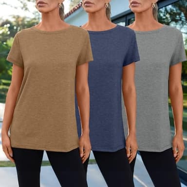 SUNBS Womens 3 Pack T-Shirts Short Sleeve Summer Tops Fashion Basic Tees Comfy Casual Vacation Outfits Workout Clothes 2025 CoffeeNavyGrey L - Image 2