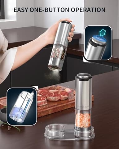 CIRCLE JOY Rechargeable Electric Salt and Pepper Grinder Set with Base, Stainless Steel Pepper Mills with 95ml Container, White LED Light and External Adjustable Coarseness, Silver - Image 5