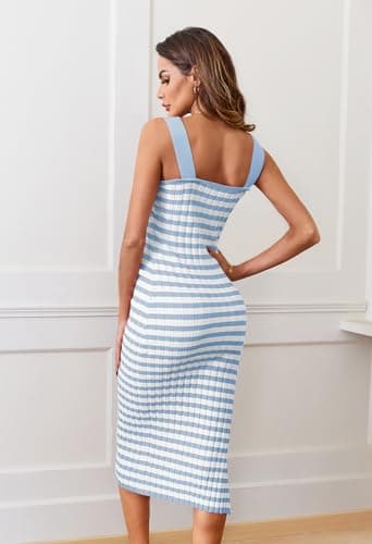 MEROKEETY Women's 2025 Summer Bodycon Midi Dress Vacation Sleeveless Ribbed Knit Striped Sweater Dresses, Blue, XS - Image 3