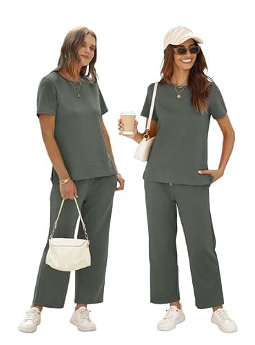 XIEERDUO 2 Piece Set for Women Summer Travel Outfits Spring Loungewear Short Sleeve Vacation Clothes Wide Leg Capri Pants Matching Lounge Sets Women's Track Suit Loose Fit XL - Image 4