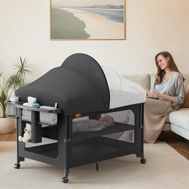 TinyGlow 4 in 1 Baby Bassinet, Pack and Play, Bedside Crib Sleeper, Diaper Changer, Quickly Assembled and Folded Portable Crib with Mattress and Mosquito Net, Easy to Carry - Image 1