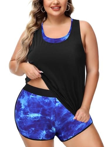 NIeyook Plus Size Swimsuit for Women 2024 Tummy Control Bathing Suit 3 Piece Athletic Tankini Swimsuits with Boyshorts Blue Tie Dye 20 Plus/4XL - Image 1