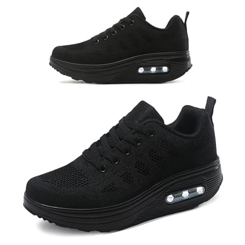 RUIDENG Women's Hiking Shoes Lightweight | Women Walking Sneakers Platform | Air Cushion Thick Rocker Bottom All Black Size 6.5 - Image 1