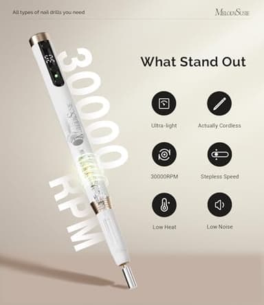 MelodySusie Pen-Shaped Ultra-Slim Cordless Nail Drill, PM170F 30000RPM Portable Rechargeable Electric File with LED Display for All Manicure, Nail Care, Shaping & Gel Removal for Advanced Home Use - Image 2