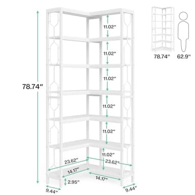 Tribesigns Corner Shelf, 7-Tier Industrial Corner Bookshelf, Wood and Metal Corner Etagere Bookcase, Freestanding Display Shelf for Living Room, Kitchen, Home Office, White - Image 2