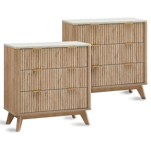 T4TREAM 32" Tall Fluted Nightstand Set of 2, Modern Side Table with Faux Marble Top, 3 Drawers End Table w/Storage, Bedside Table for Bedroom, Living Room, Curved Profile Design, Natural Oak - Image 1