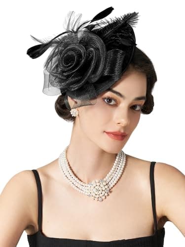 SWEETV Flower Sinamay Tea Party Fascinators for Women, Kentucky Tea Hat Derby Hats for Church, Cocktail, Wedding, Fancy Dress Party, Black - Image 1