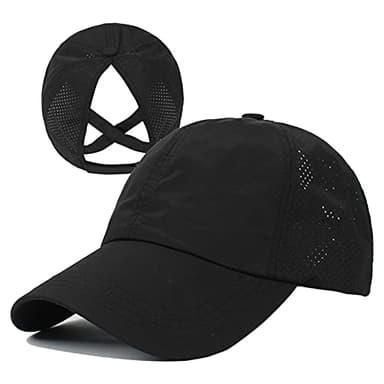 HGGE Womens Criss Cross Ponytail Baseball Cap Adjustable High Messy Bun Trucker Hats Quick Drying Mesh Dad Ponycap for Outdoor Sports Travel Black - Image 1