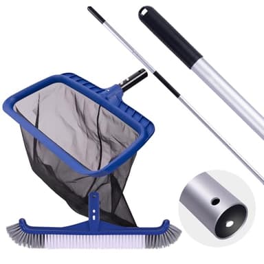 POOLAZA Pool Cleaning Kit, Including Pool Brush & Ultra Fine Mesh Pool Skimmer Net with Pole, Pool Net Skimmer & 17.5'' Pool Brush Head with 10.5ft Aluminum Pool Pole, Pool Net and Brush with Pole - Image 1