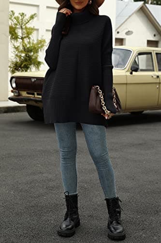 EFAN Women's Turtleneck Oversized Sweaters Fall Outfits Clothes Trendy Long Pullover Knit Winter Tunic 2025 Black M - Image 3