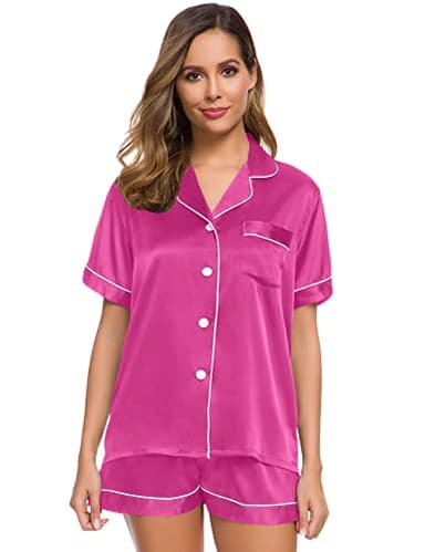 SWOMOG Womens Pajamas Set Silk Satin Sleepwear Short Sleeve Nightwear Button Down Pj Loungewear Rose Red - Image 2