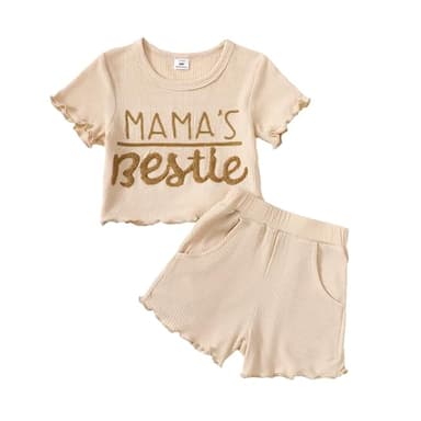 Mikrdoo Toddler Baby Girl Clothes Summer Short Sleeve T Shirt Tops Cute Infant Ruffle Ribbed Knit Shorts Outfits Set Solid Color Apricot 12 18 Months - Image 6
