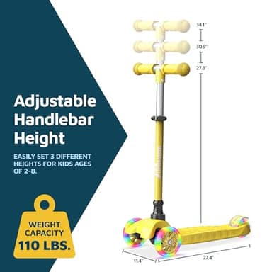 Lifemaster Kids Scooter – Children and Toddler 3 Wheel Kick Scooter – LED Wheel Lights Illuminate When Rolling– Adjustable Handlebar – Indoor and Outdoor Yellow - Image 2