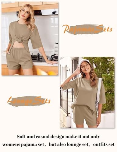 Ekouaer Pajamas for Women Set 2 Piece PJ Soft Comfy Lounge Sets Short Sleeve Tops Shorts Sets Cotton Sleepwear,L Khaki - Image 5