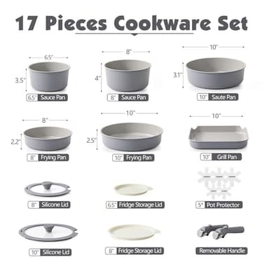 SENSARTE 17 Piece Ceramic Pots and Pans Set, Nonstick Detachable Handle Cookware, Induction Kitchen Cookware Set with Removable Handle, Dishwasher ＆ Oven Safe (Gray) - Image 2