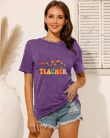 Teacher Woman T-Shirt Teach be Kind Teacher Summer Autumn Flowers Casual Short Sleeve T-Shirt Purple-M - Image 3