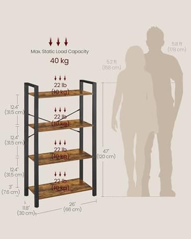 VASAGLE 4-Tier Bookshelf, Bookcase with Steel Frame, Book Shelf for Living Room, Home Office, Study, 11.8 x 26 x 47 Inches, Industrial Style, Rustic Brown and Ink Black ULLS60BX - Image 3