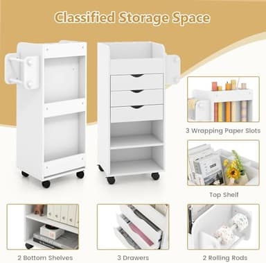 Nightcore Rolling Storage Drawer Cart, Mobile Chest of Drawers, 3 Shelves, 3 Slots, 2 Rolling Rods, Organizer Cabinet w/Lockable Casters, Wide Storage Space for Home Office, Living Room, Study (White) - Image 7