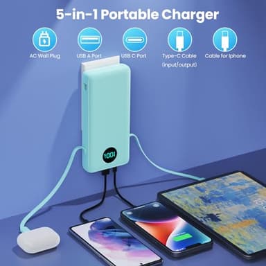 Portable Charger 33800mAh USB C Power Bank with Built-in Cables & AC Wall Plug,25W Fast Charging+QC 4.0 Phone Charger,4 Output LCD Display Battery Pack Compatible with iPhone16/15,Samsung,Android etc - Image 2