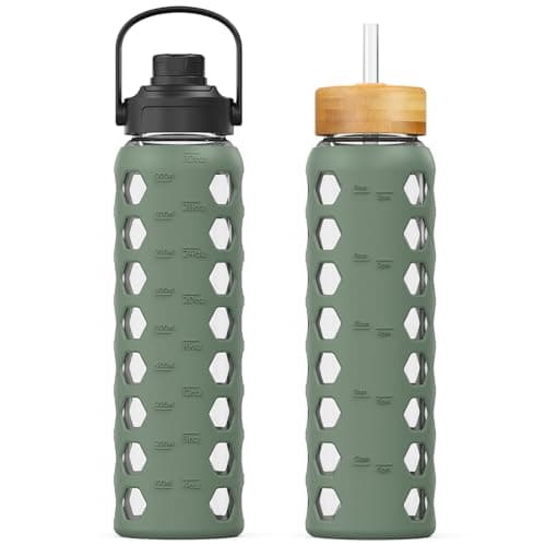 MUKOKO 32oz Glass Water Bottles with 2 Lids-Handle Spout Lid&Bamboo Straw Lid, Motivational Water Tumbler with Time Marker Reminder and Silicone Sleeve, Leakproof-Olive-1 Pack - Image 1
