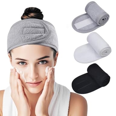 HFZRZFH 3-Pack Adjustable Velcro Terry Cloth Spa Headbands for Women - For Face Washing, Skincare, Makeup, and Shower (Gray, White, Black) - Image 1