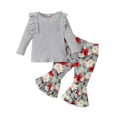 Kislio Toddler Baby Girl Clothes Long Sleeve Ruffle Ribbed Solid Tops Flare Pants Bell Bottoms Fall Winter Outfit Set - Image 1