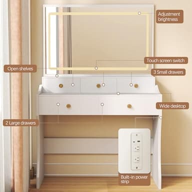 COMHOMA Makeup Vanity Desk with Mirror and Lights, Vanity Table and Chair Set with 5 Drawers and Charging Station, Bedroom Dresser LED Mirror Stepless Dimmable & 3 Color Modes Adjustable, White - Image 3