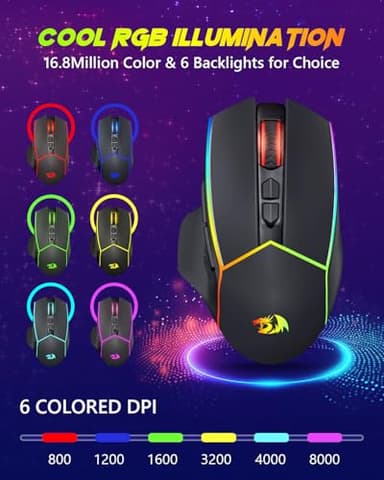 Redragon Wireless Gaming Mouse, Tri-Mode 2.4G/USB-C/Bluetooth Ergonomic Mouse Gaming, 8000 DPI, RGB Backlit Programmable Wireless Mouse, Rechargeable, 250 Hrs for Laptop PC Mac, M814 - Image 3
