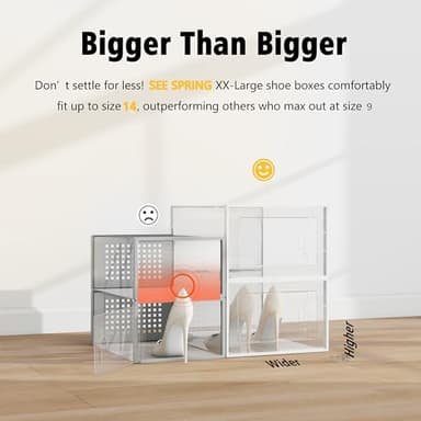 SEE SRPING XX-Large Shoe Storage Box Fit Size 14, Clear Plastic Stackable Shoe Organizer for Closet, Shoe Rack Sneaker Containers Bins Holders, Drawer Organize Unit, 12 Pack Clear - Image 2
