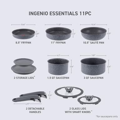 T-fal Ingenio Essentials Cookware Set with Detachable/Removable Handle 11 Piece, Granite Titanium Non Stick, Oven Broiler Safe 500F, Stackable, Pots and Pans Set, Frying Pans, Dishwasher Safe, Gray - Image 2