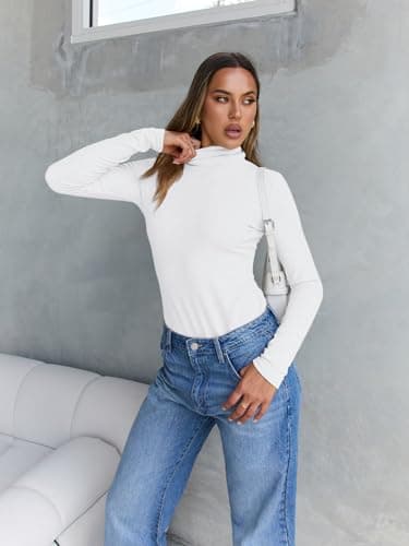 Trendy Queen Women's Turtleneck Long Sleeve Shirts Fall Fashion BasicThermal Underwear Tops Winter Clothes 2024 White M - Image 5