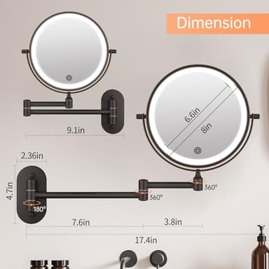 Rechargeable Wall Mounted Lighted Makeup Vanity Mirror 8 Inch Double Sided 1X 10X Magnifying Bathroom Mirror, 3 Color Lighting, Touch Dimming, Extended Arm 360 Rotation Light up Mirror Antique Bronze - Image 5