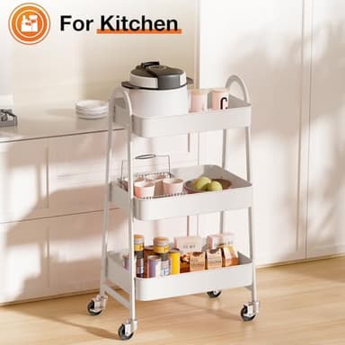 Sweetcrispy 3 Tier Metal Storage Utility Cart with Wheels, Kitchen Organizer Trolley Rolling Bathroom Laundry Room Bar Office Shelves Mobile Shelving Unit Caster for Snack Bedside Narrow Places, White - Image 6