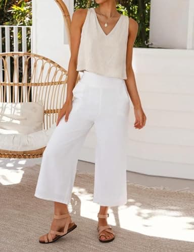 IDEALSANXUN Crop Tops for Women 2025 Summer Beach Vacation Tank Top V Neck Cute Y2k Cropped Cotton Linen Sleeveless Shirts Blouses, Beige, M - Image 3