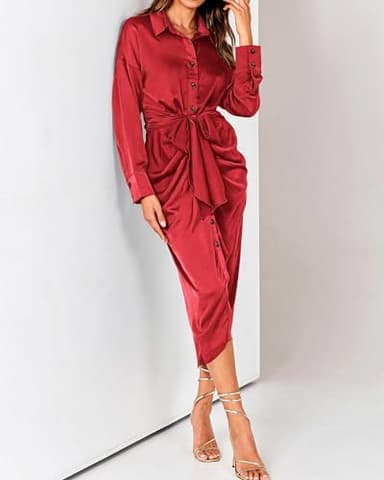 BTFBM Maxi Dresses for Women Fall 2025 Long Sleeve Lapel Neck Button Down Elegant Satin Belted Ruched Summer Shirt Dress(Red, Large) - Image 5